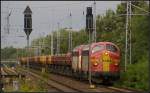 Die beiden NoHAB My1125 und My1149 von Strabag mit leeren Seitenkippwagen auf dem Weg nach Hennigsdorf (gesehen Hennigsdorf b. Berlin 187.09.2010)