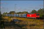 DB Schenker 185 281 mit polnischen Falns-Wagen nach Ruhleben am 01.10.2013 durch die Berliner Wuhlheide