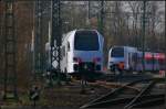 Blick auf die ersten Flirt 3 fr DB Regio von Stadler. Das Bild wurde durch das Werkstor am 10.03.2014 gemacht. Hier befand sich die ursprngliche Triebwagenhalle der Berliner S-Bahn (geschlossen 1983)