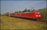 DB Schenker 185 377-9 und 185 294 mit Falns-Wagen am 16.09.2014 durch die Berliner Wuhlheide