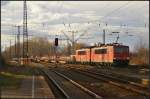 DB Schenker 155 081 und kalt 155 114 mit einem gemischten Gterzug am 22.02.2014 durch Leipzig-Thekla
<br><br>
Update: 155 081 am 21.05.2015 in Opladen verschrottet