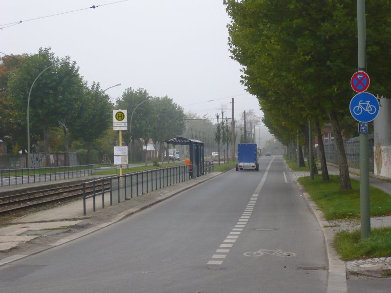 Zwar ist der Radweg benutzungspflichtig und ist somit ein Sonderweg, der tabu ist f�r andere Verkehrsteilnehmer (auch beim Ausweichen). Dennoch ist seine Abgrenzung zur Fahrbahn gestrichelt. Auch ohne Benutzungspflicht (blaues Schild) w�rde wohl jeder Radfahrer den Schutzstreifen nutzen-  warum hat man sie hier �berhaupt angeordnet, obwohl der Radweg nicht von der Fahrbahn abgetrennt ist?